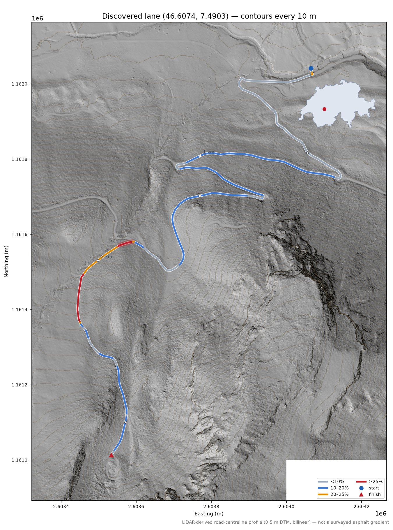 Discovered lane (46.6074, 7.4903) LiDAR hillshade map with contours