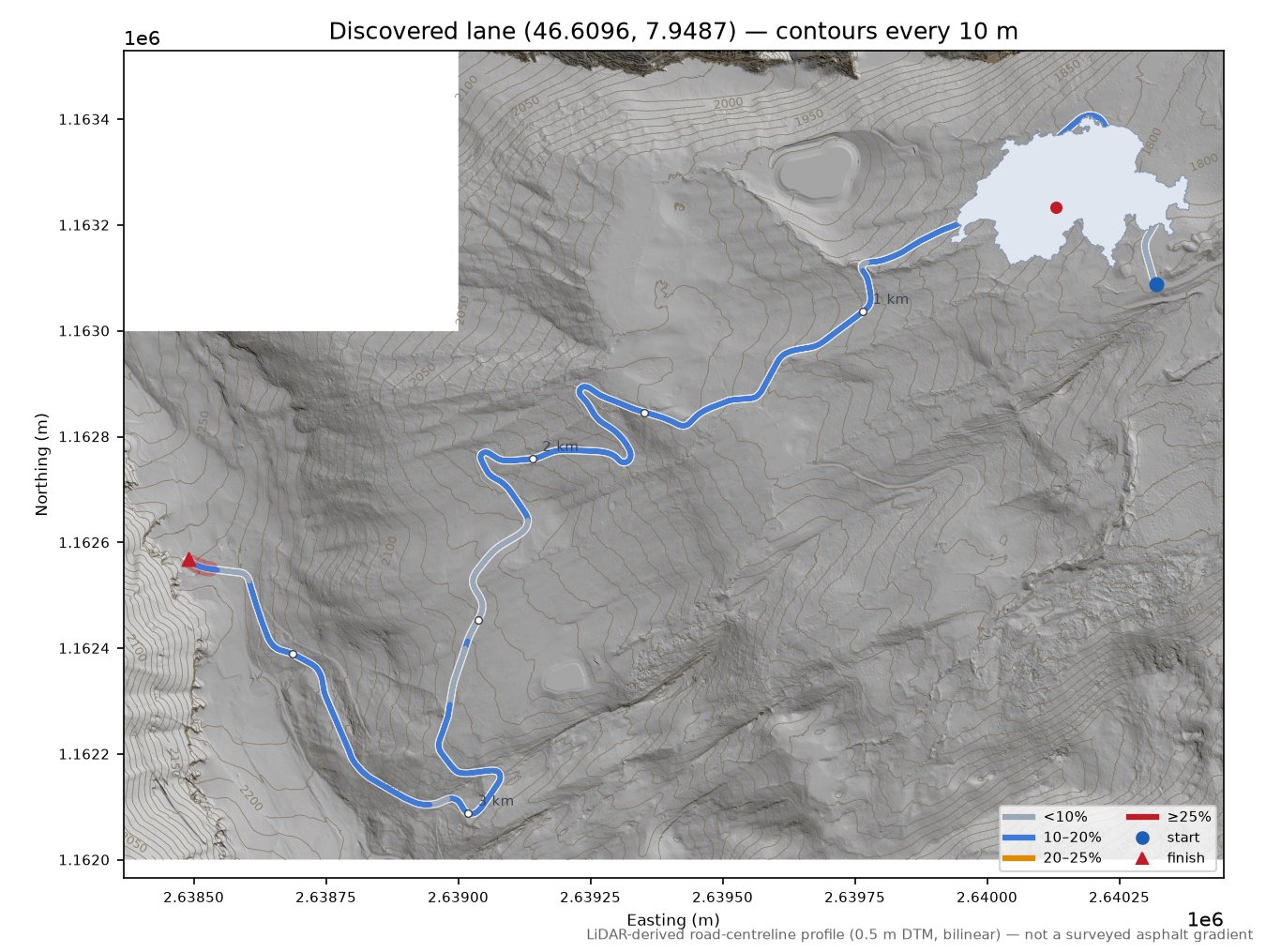 Discovered lane (46.6096, 7.9487) LiDAR hillshade map with contours