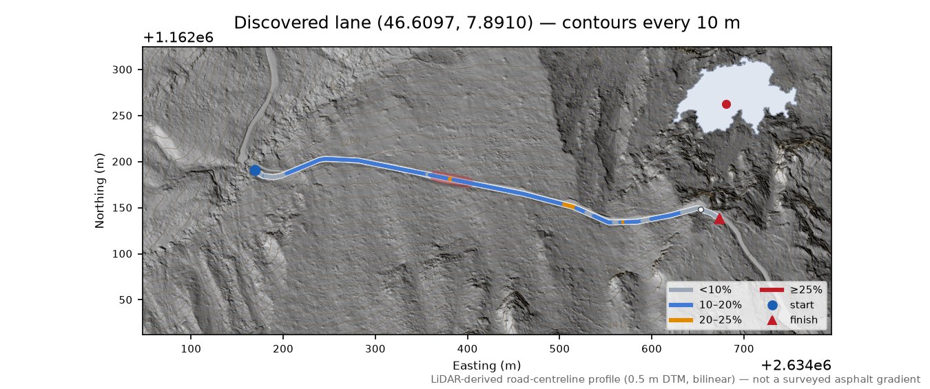 Discovered lane (46.6097, 7.8910) LiDAR hillshade map with contours