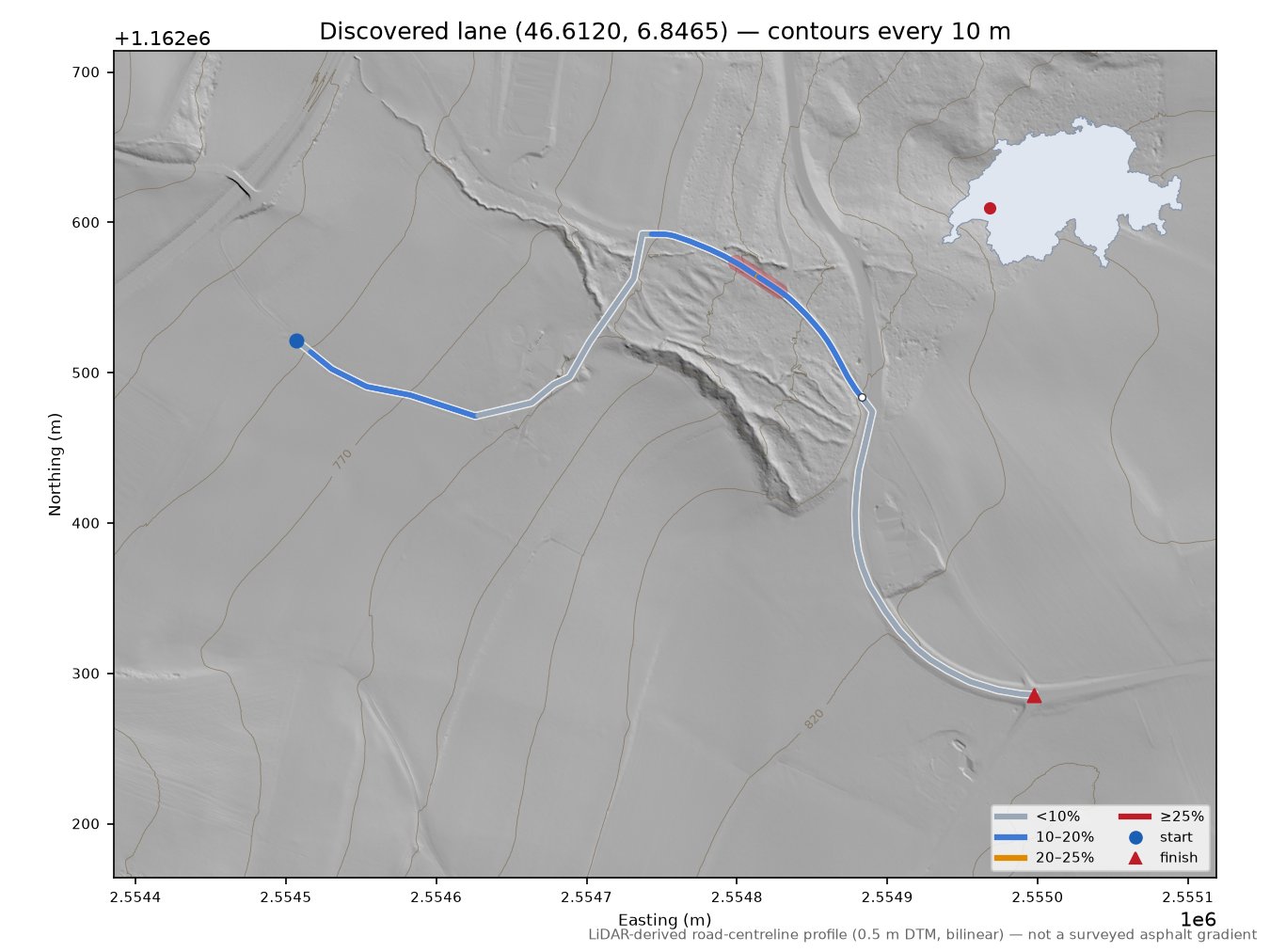 Discovered lane (46.6120, 6.8465) LiDAR hillshade map with contours