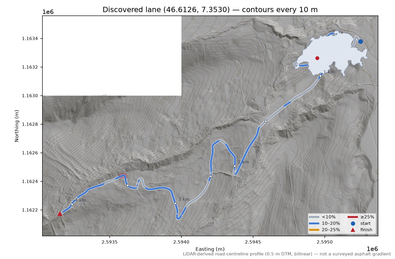 Discovered lane (46.6126, 7.3530) LiDAR hillshade map with contours