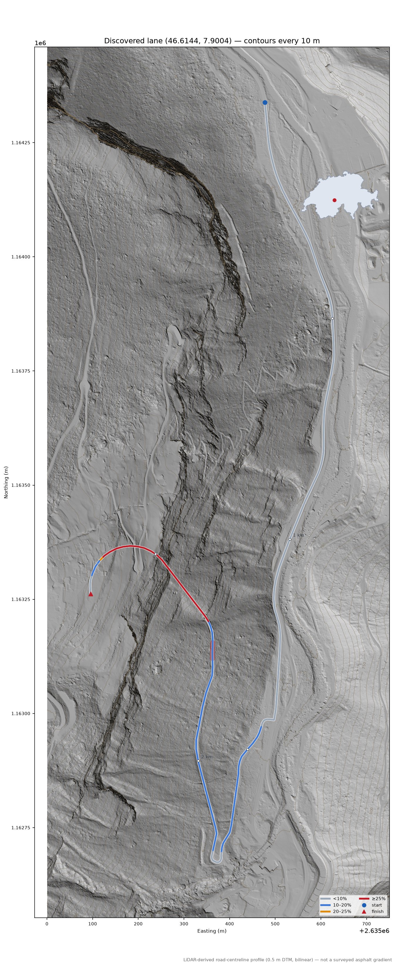Discovered lane (46.6144, 7.9004) LiDAR hillshade map with contours