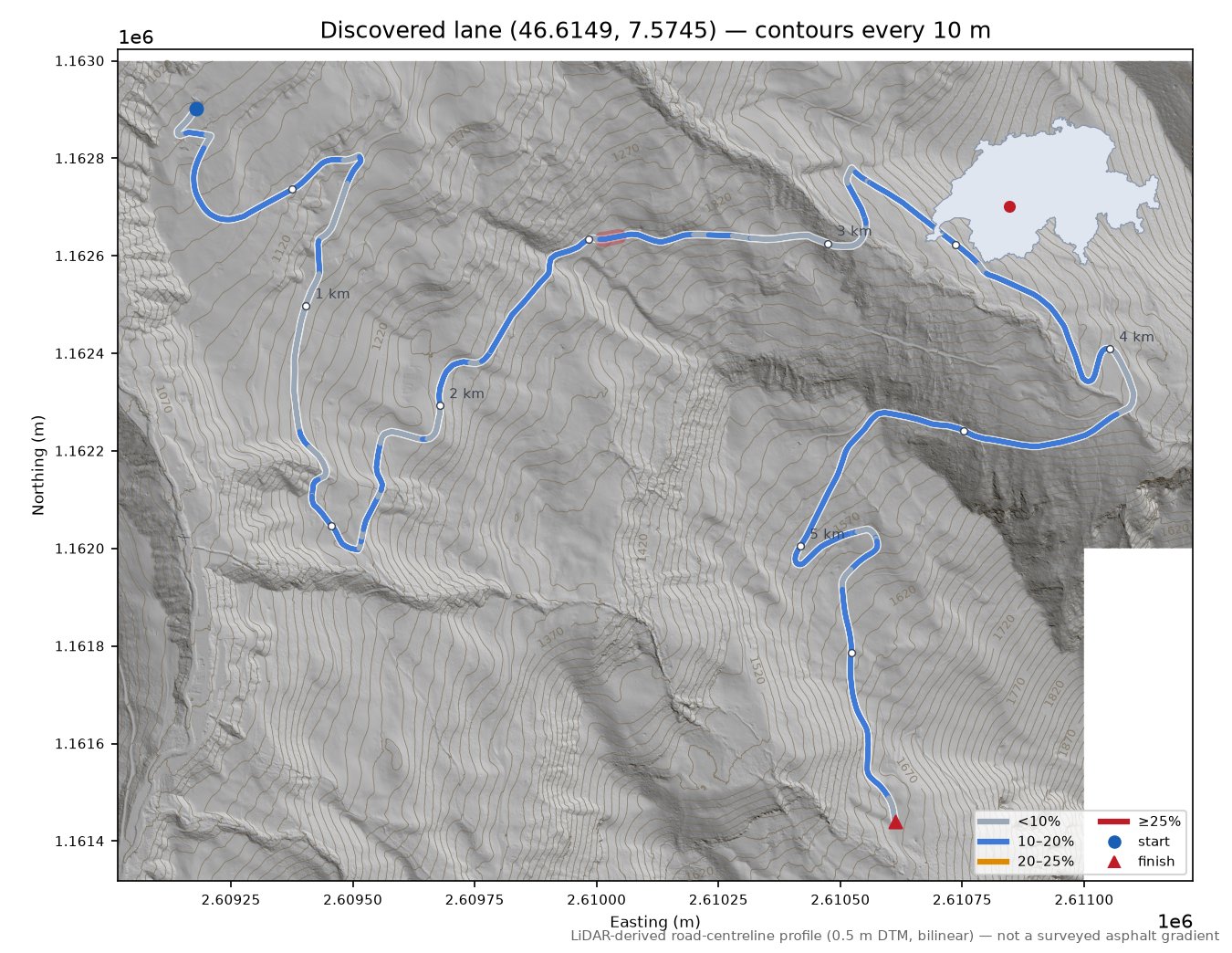 Discovered lane (46.6149, 7.5745) LiDAR hillshade map with contours