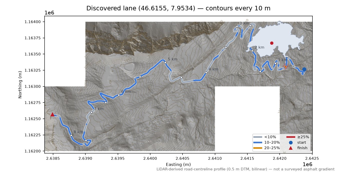 Discovered lane (46.6155, 7.9534) LiDAR hillshade map with contours