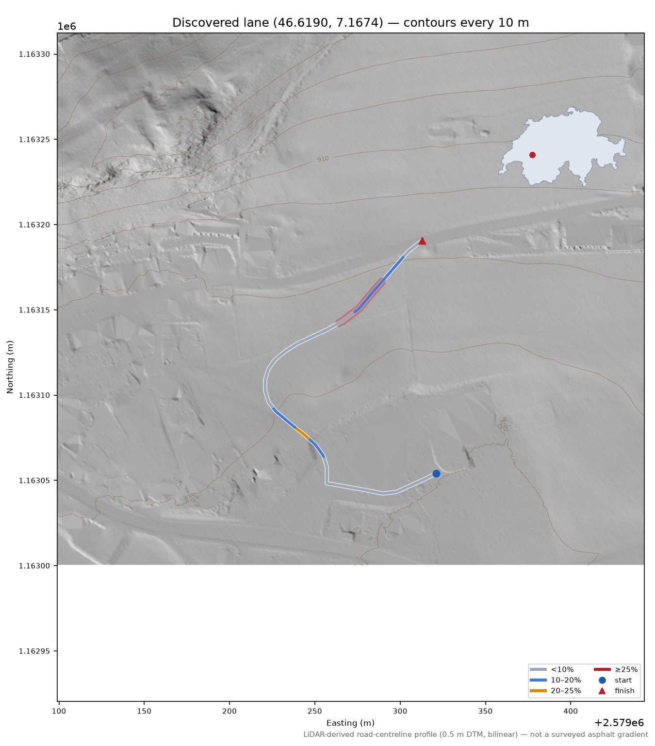 Discovered lane (46.6190, 7.1674) LiDAR hillshade map with contours