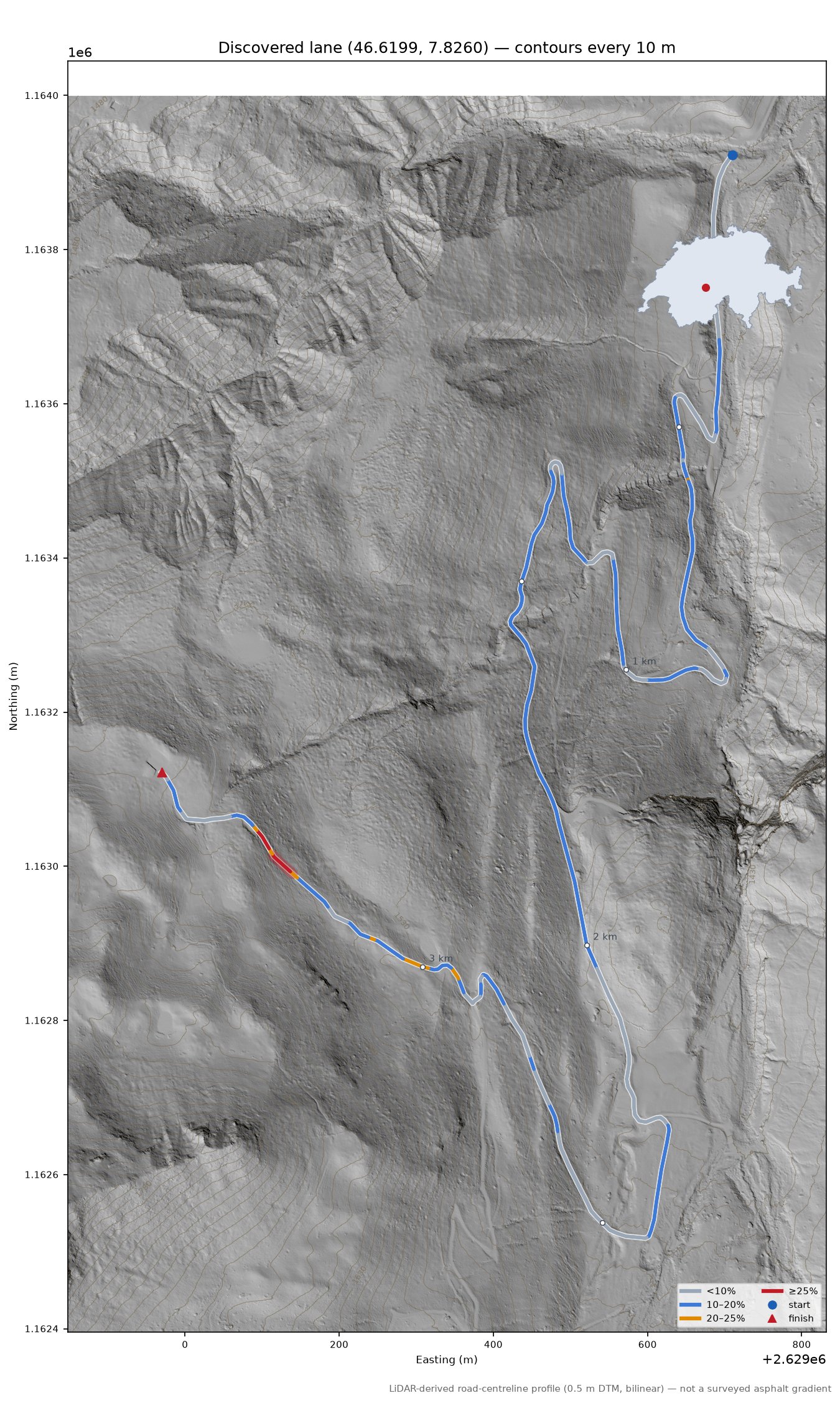 Discovered lane (46.6199, 7.8260) LiDAR hillshade map with contours