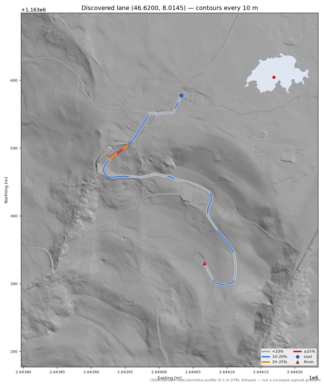 Discovered lane (46.6200, 8.0145) LiDAR hillshade map with contours