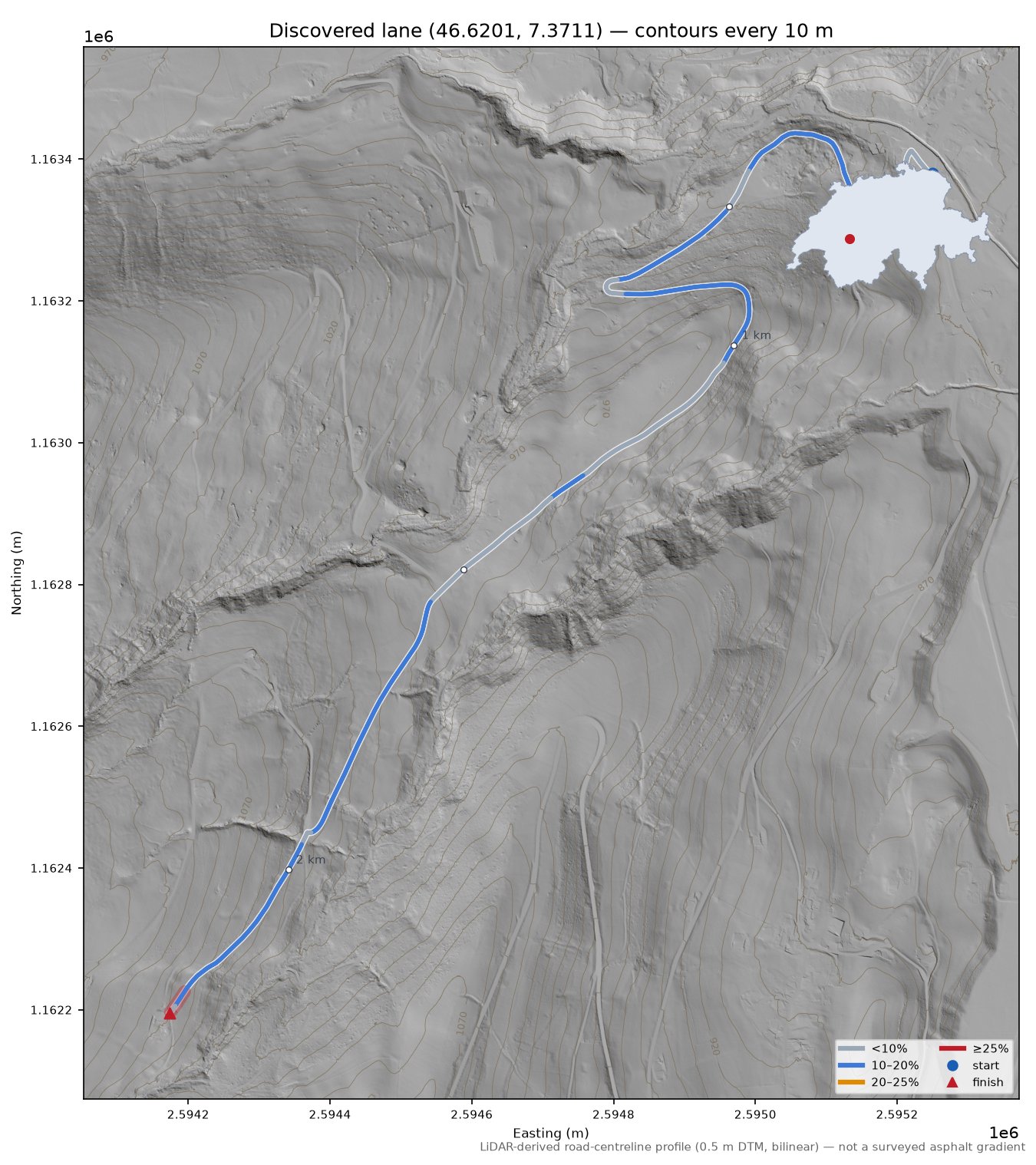 Discovered lane (46.6201, 7.3711) LiDAR hillshade map with contours