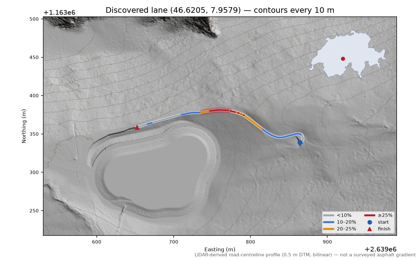 Discovered lane (46.6205, 7.9579) LiDAR hillshade map with contours