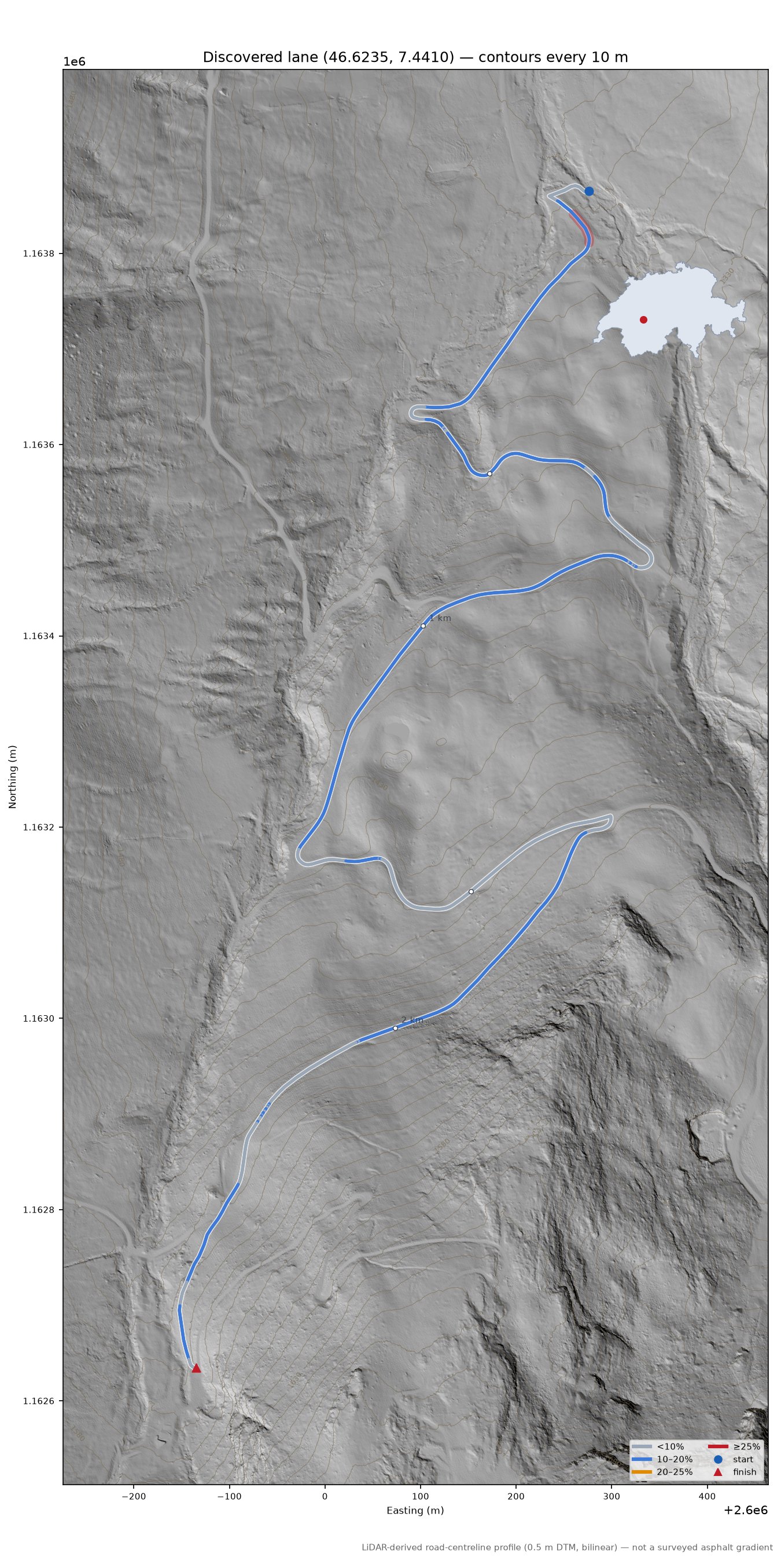 Discovered lane (46.6235, 7.4410) LiDAR hillshade map with contours