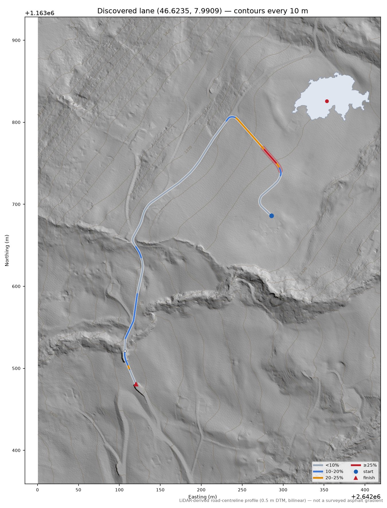 Discovered lane (46.6235, 7.9909) LiDAR hillshade map with contours