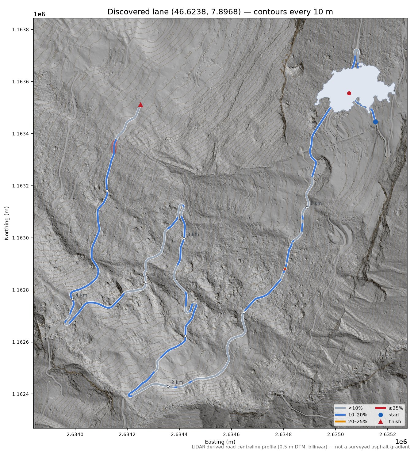 Discovered lane (46.6238, 7.8968) LiDAR hillshade map with contours