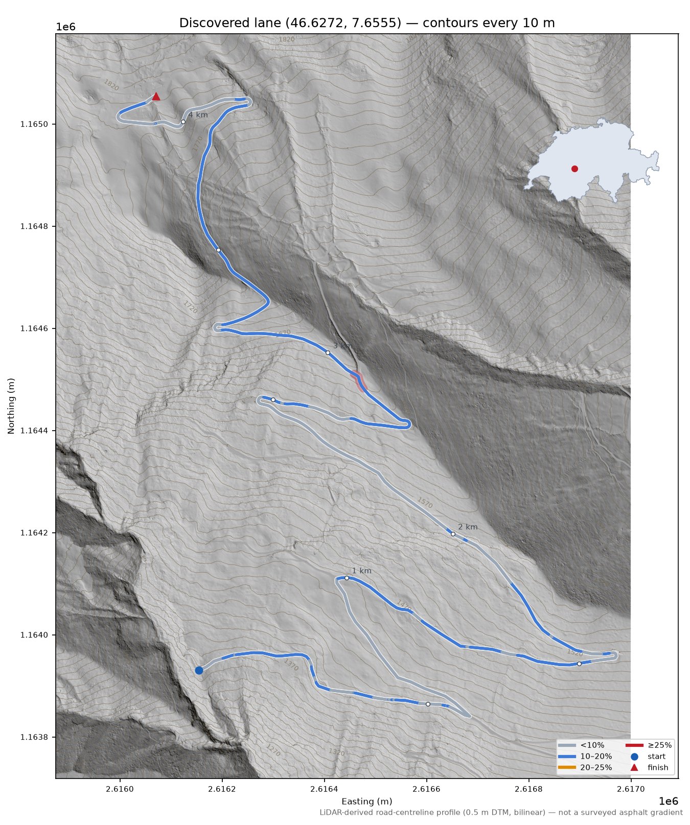 Discovered lane (46.6272, 7.6555) LiDAR hillshade map with contours