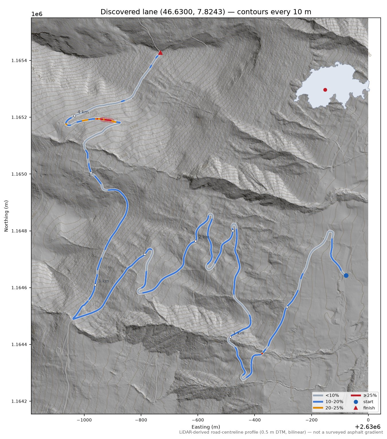 Discovered lane (46.6300, 7.8243) LiDAR hillshade map with contours