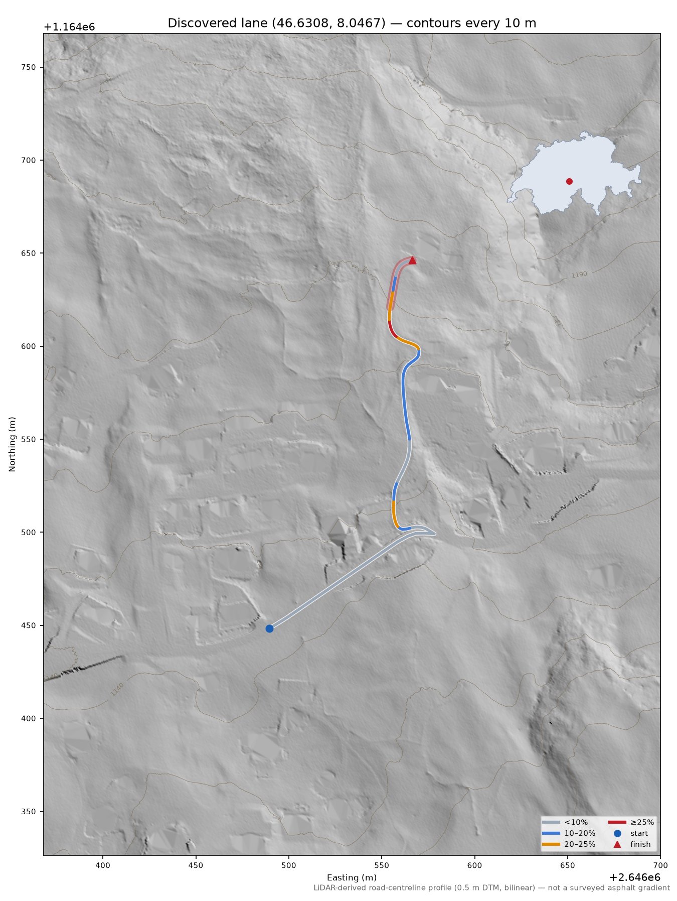 Discovered lane (46.6308, 8.0467) LiDAR hillshade map with contours