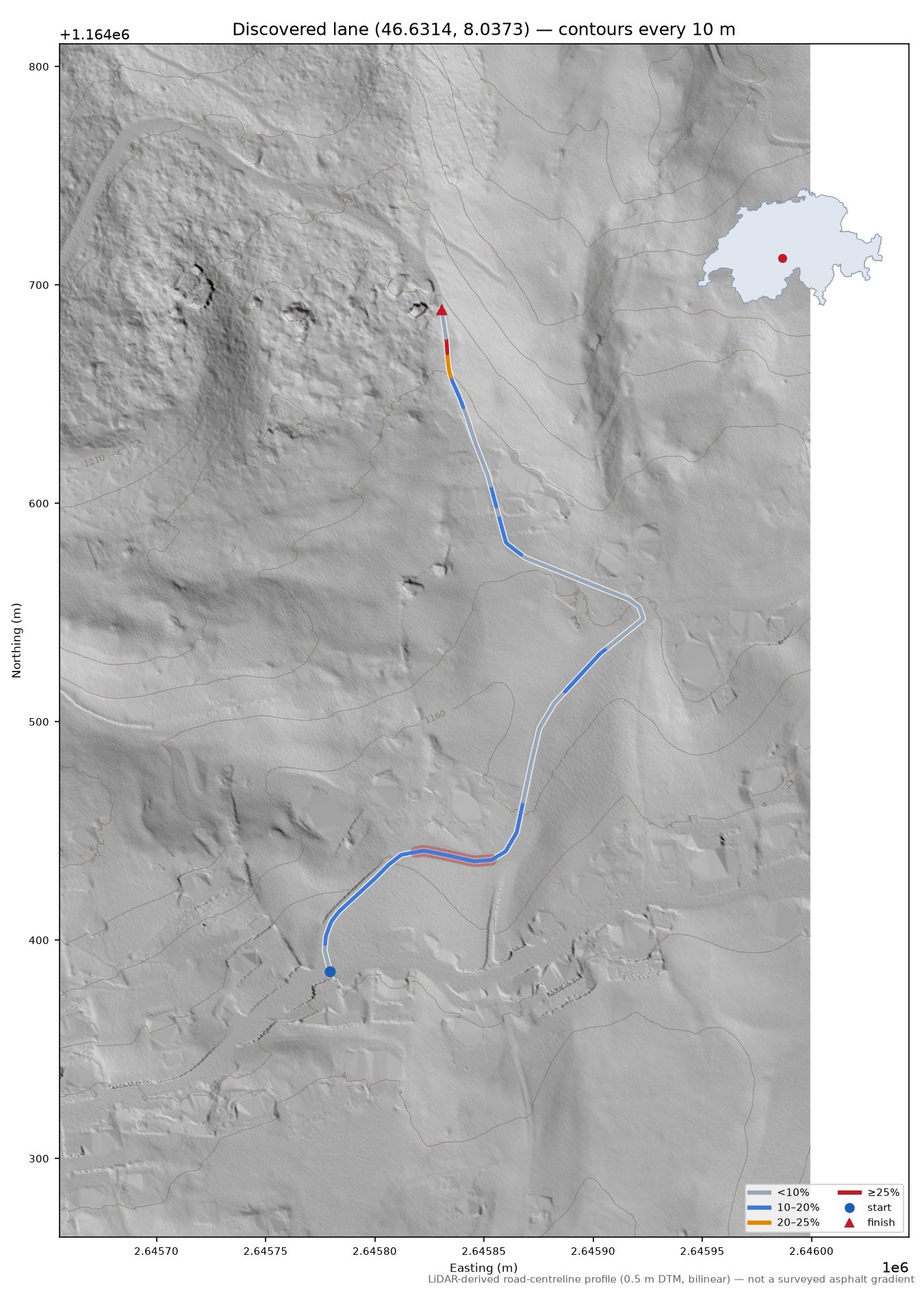 Discovered lane (46.6314, 8.0373) LiDAR hillshade map with contours