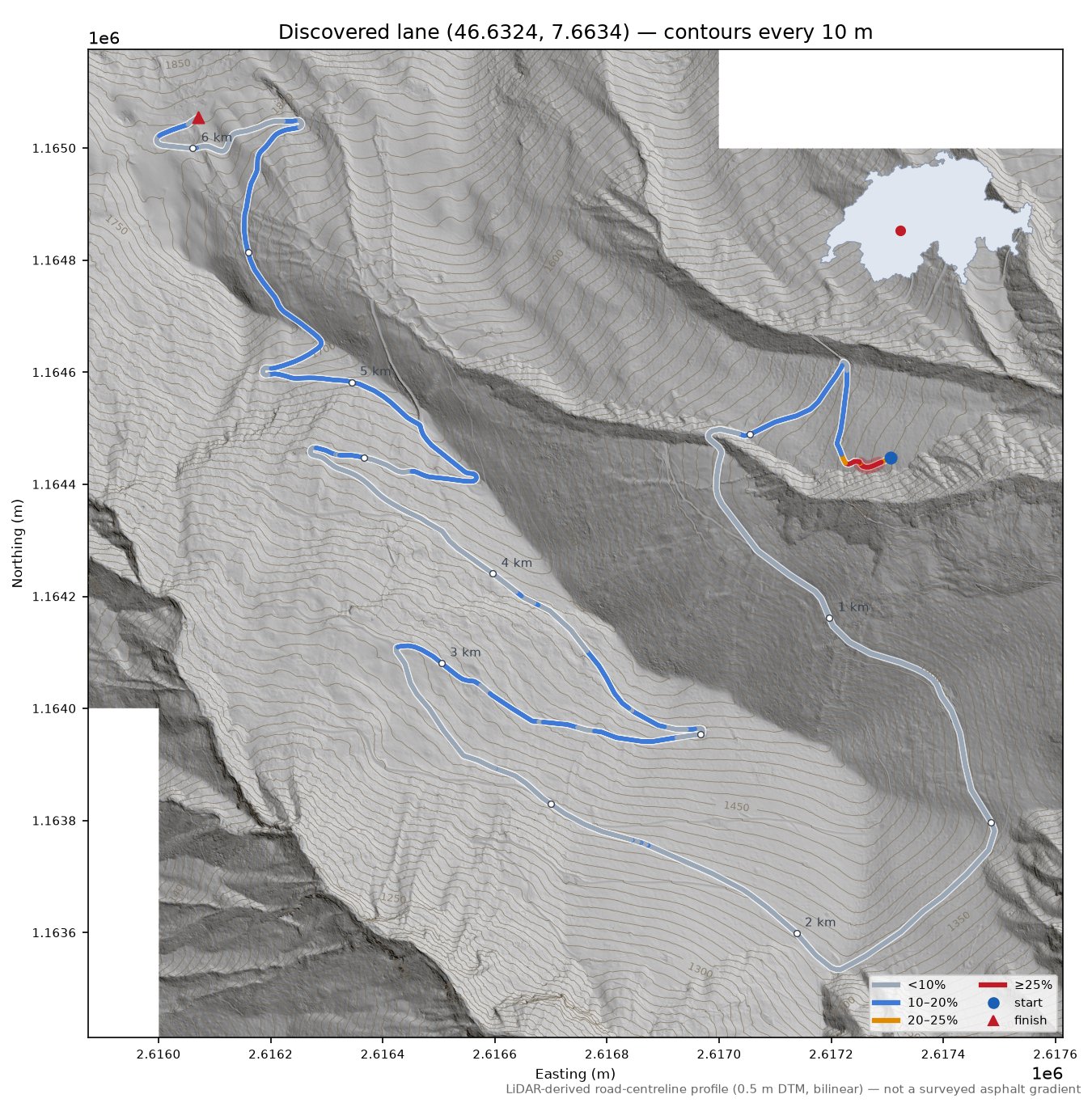 Discovered lane (46.6324, 7.6634) LiDAR hillshade map with contours