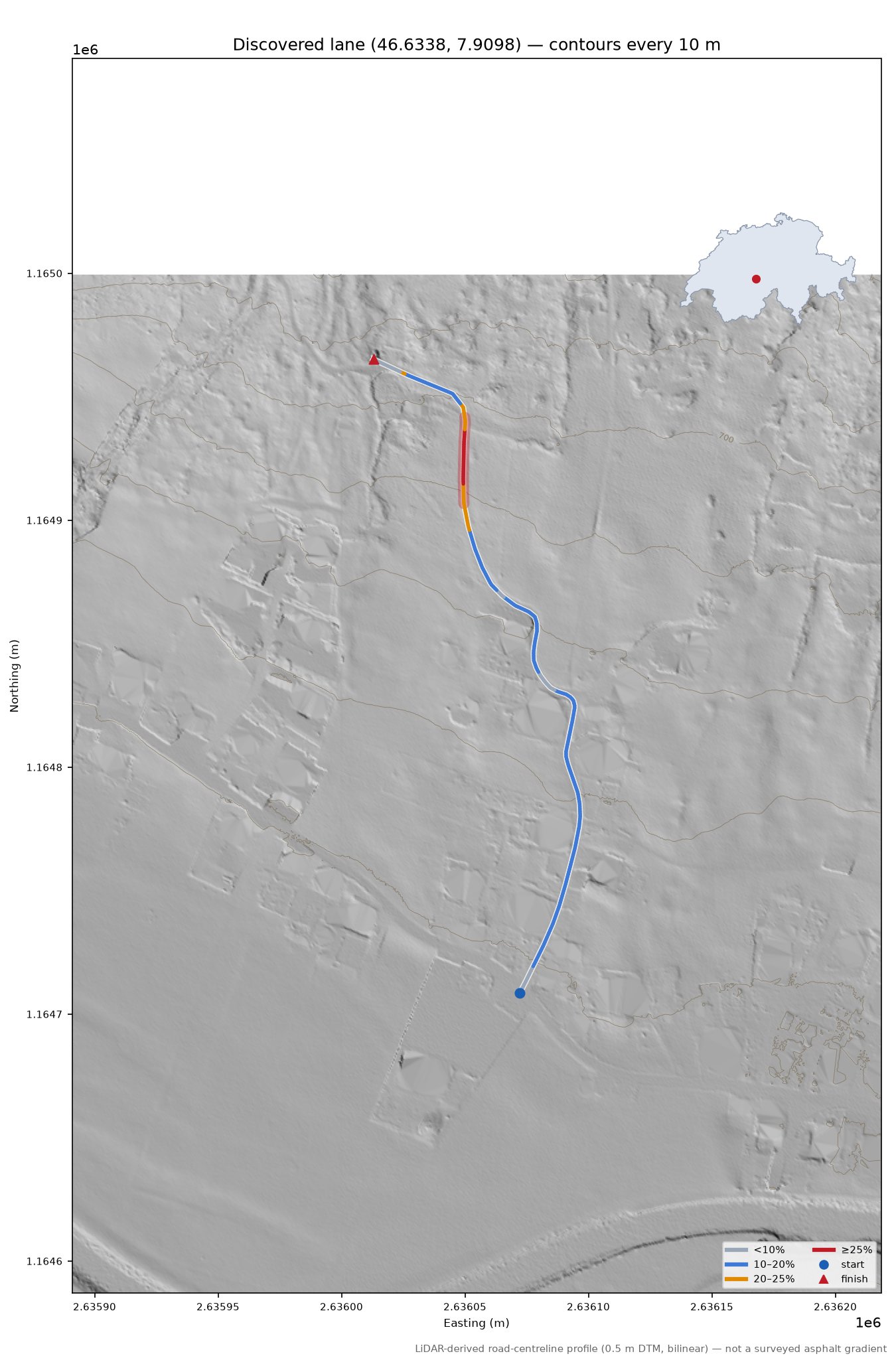 Discovered lane (46.6338, 7.9098) LiDAR hillshade map with contours
