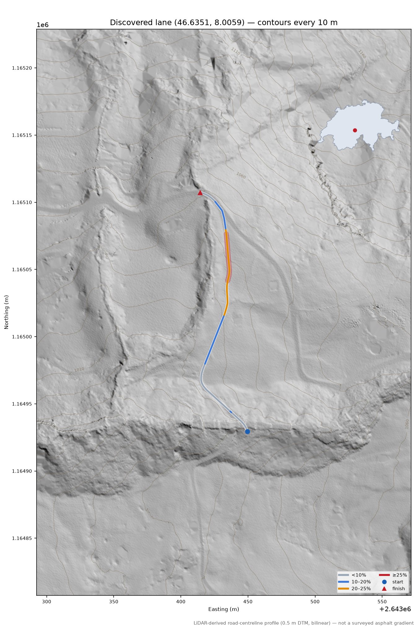 Discovered lane (46.6351, 8.0059) LiDAR hillshade map with contours