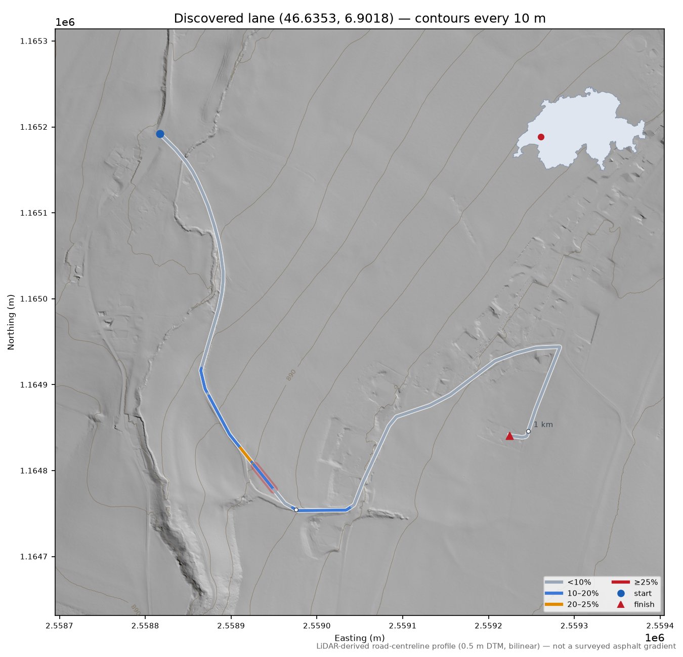 Discovered lane (46.6353, 6.9018) LiDAR hillshade map with contours