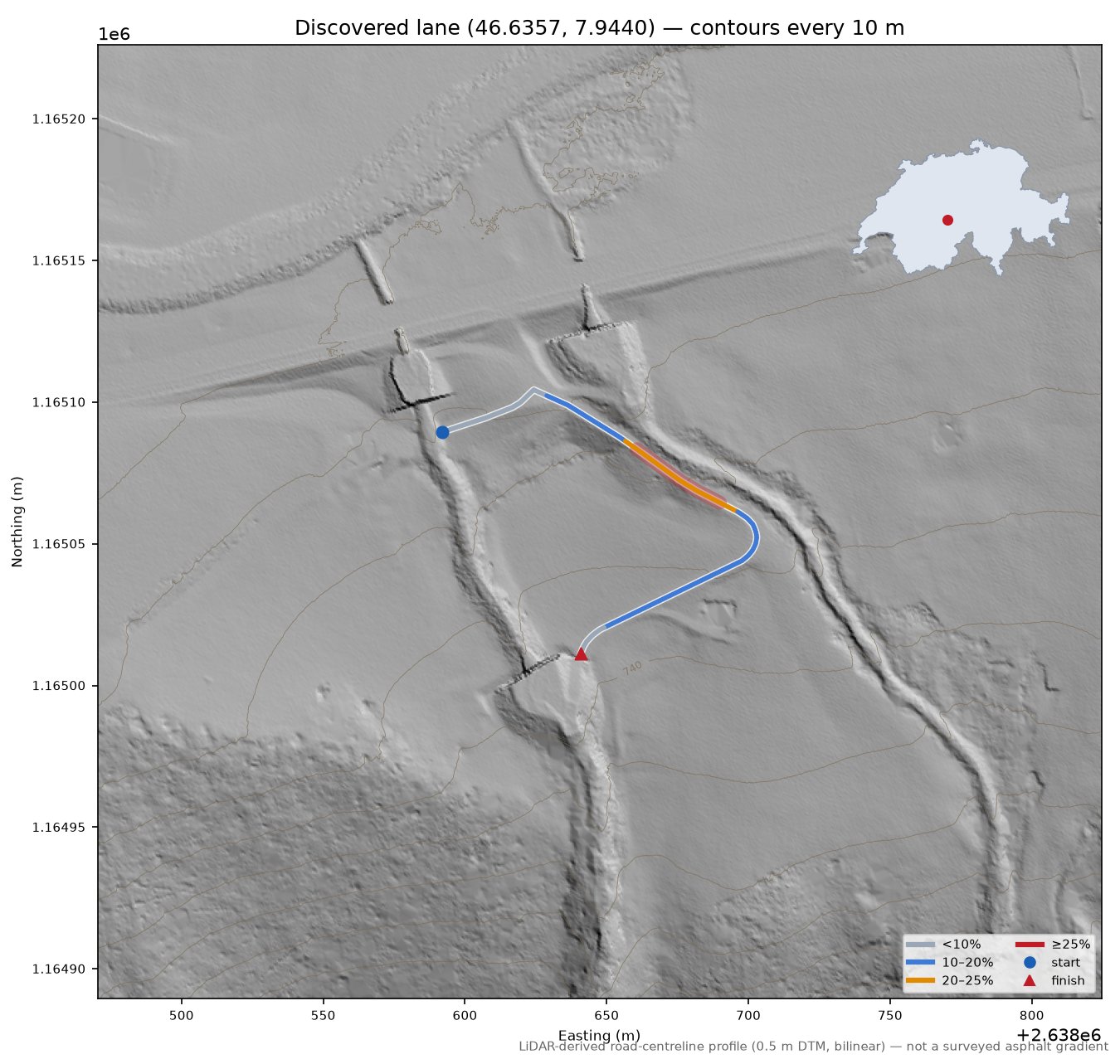Discovered lane (46.6357, 7.9440) LiDAR hillshade map with contours
