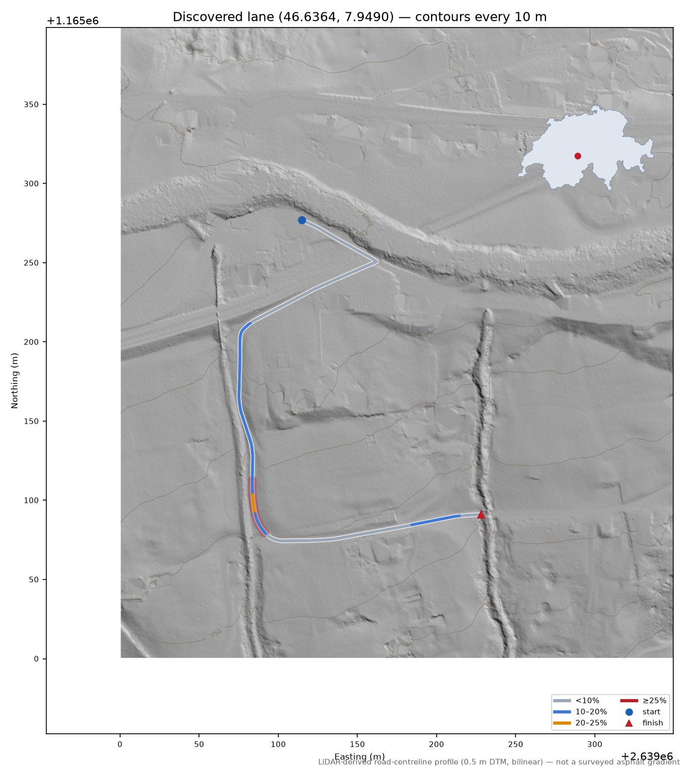 Discovered lane (46.6364, 7.9490) LiDAR hillshade map with contours