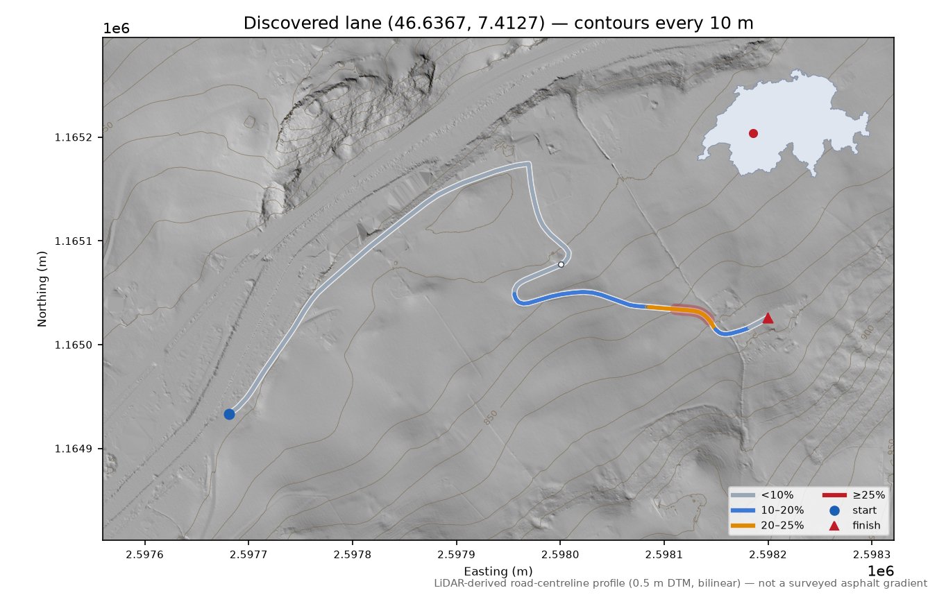 Discovered lane (46.6367, 7.4127) LiDAR hillshade map with contours