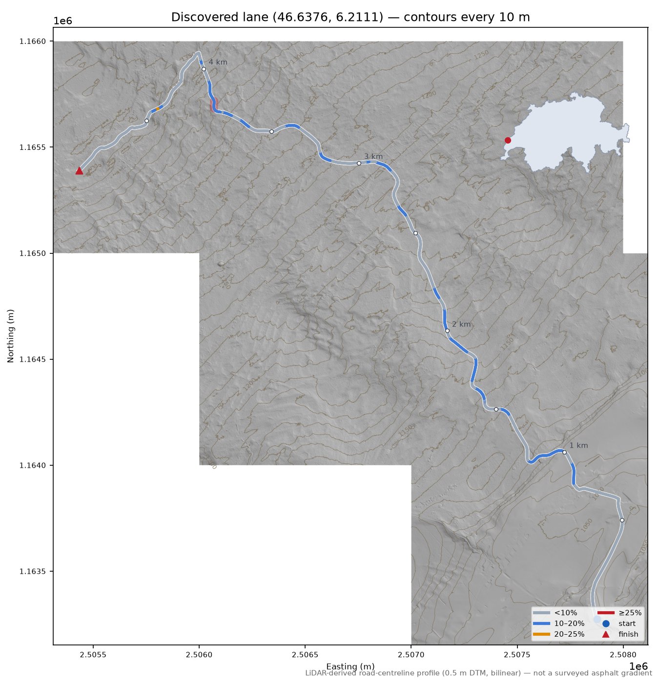 Discovered lane (46.6376, 6.2111) LiDAR hillshade map with contours