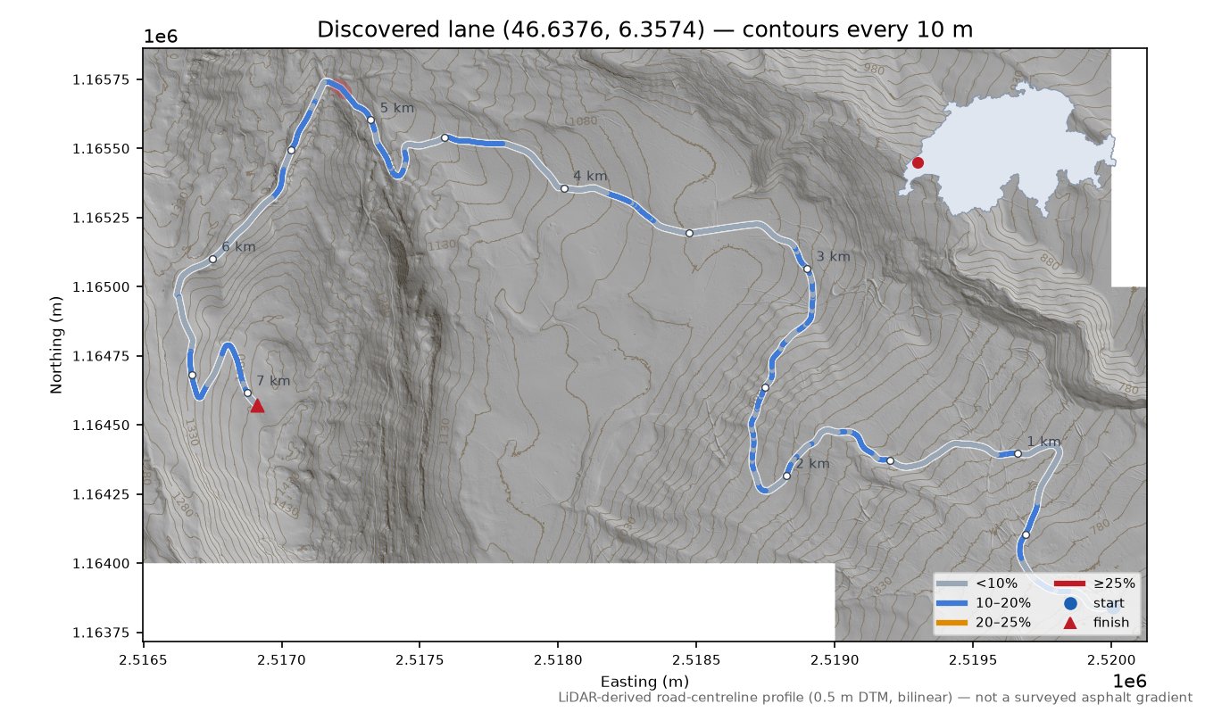 Discovered lane (46.6376, 6.3574) LiDAR hillshade map with contours