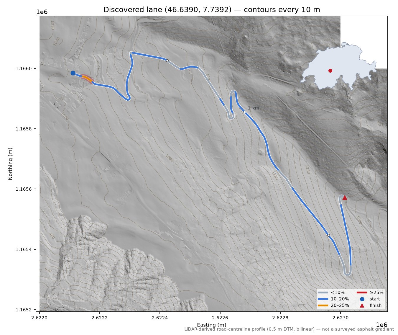 Discovered lane (46.6390, 7.7392) LiDAR hillshade map with contours