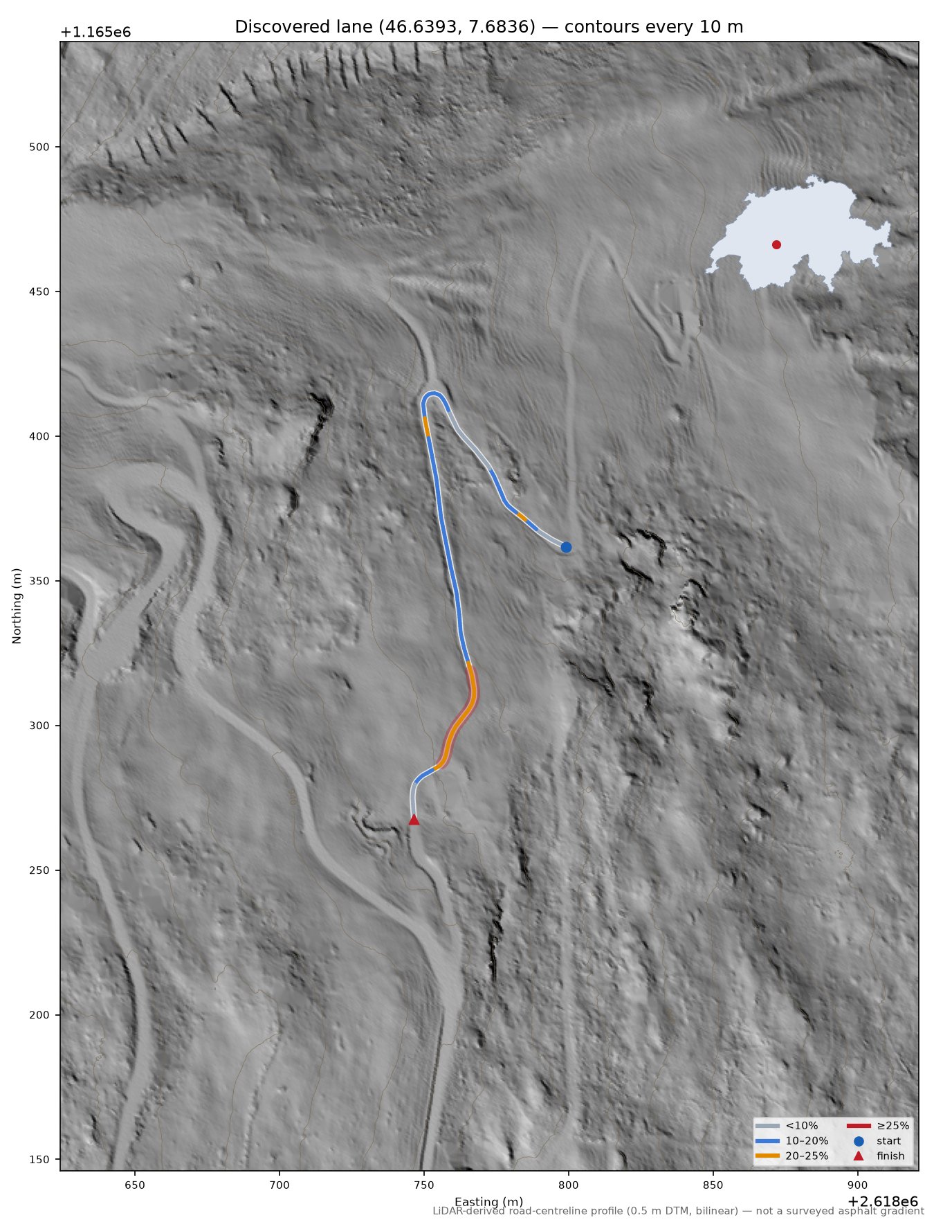 Discovered lane (46.6393, 7.6836) LiDAR hillshade map with contours