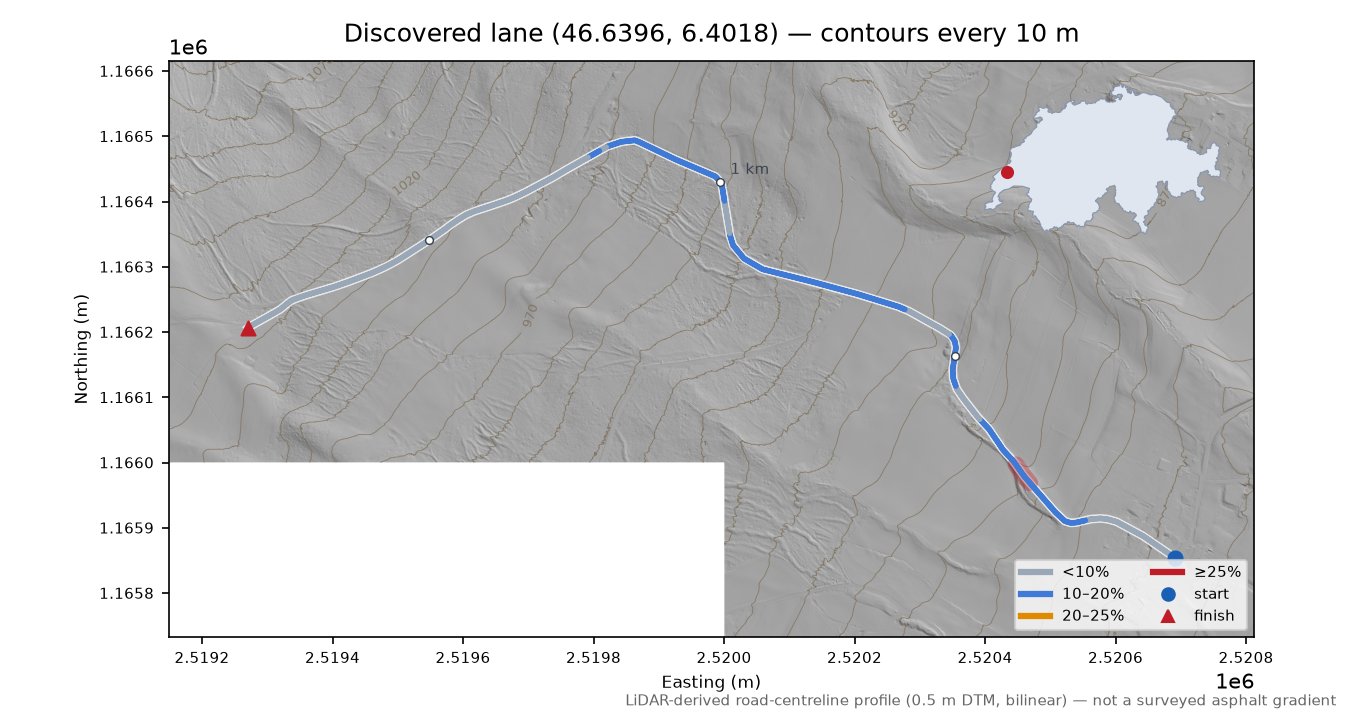Discovered lane (46.6396, 6.4018) LiDAR hillshade map with contours