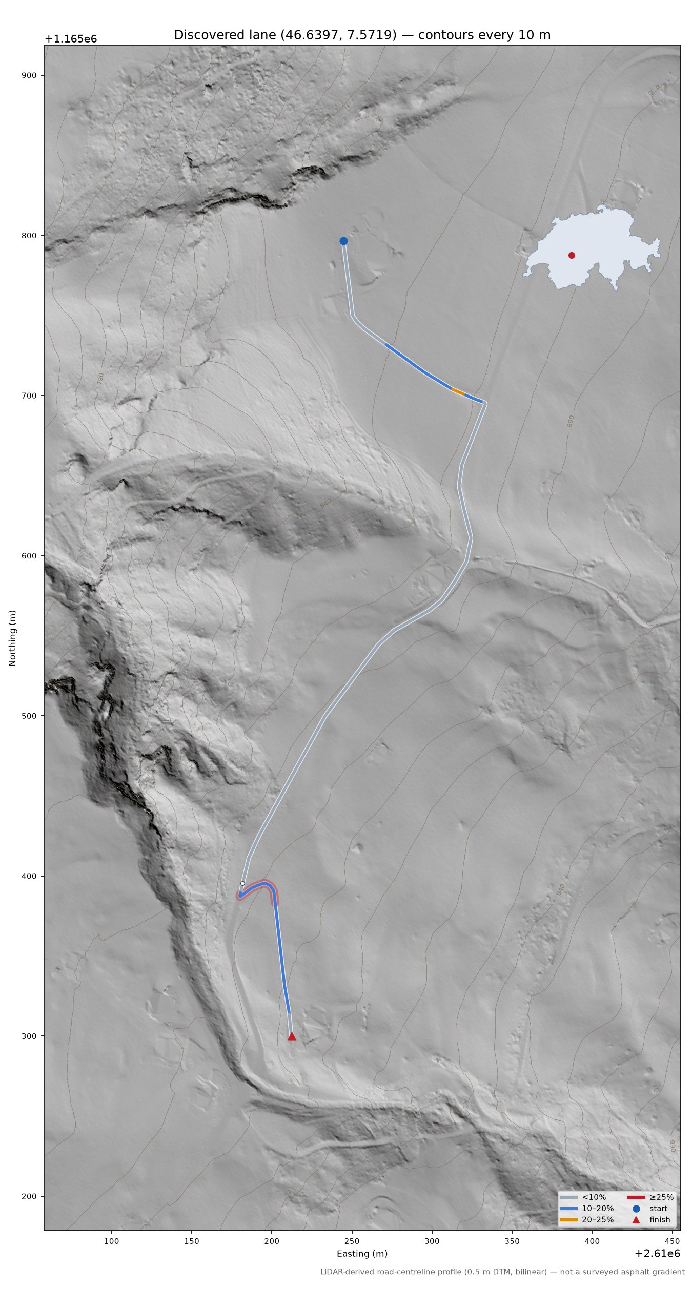 Discovered lane (46.6397, 7.5719) LiDAR hillshade map with contours