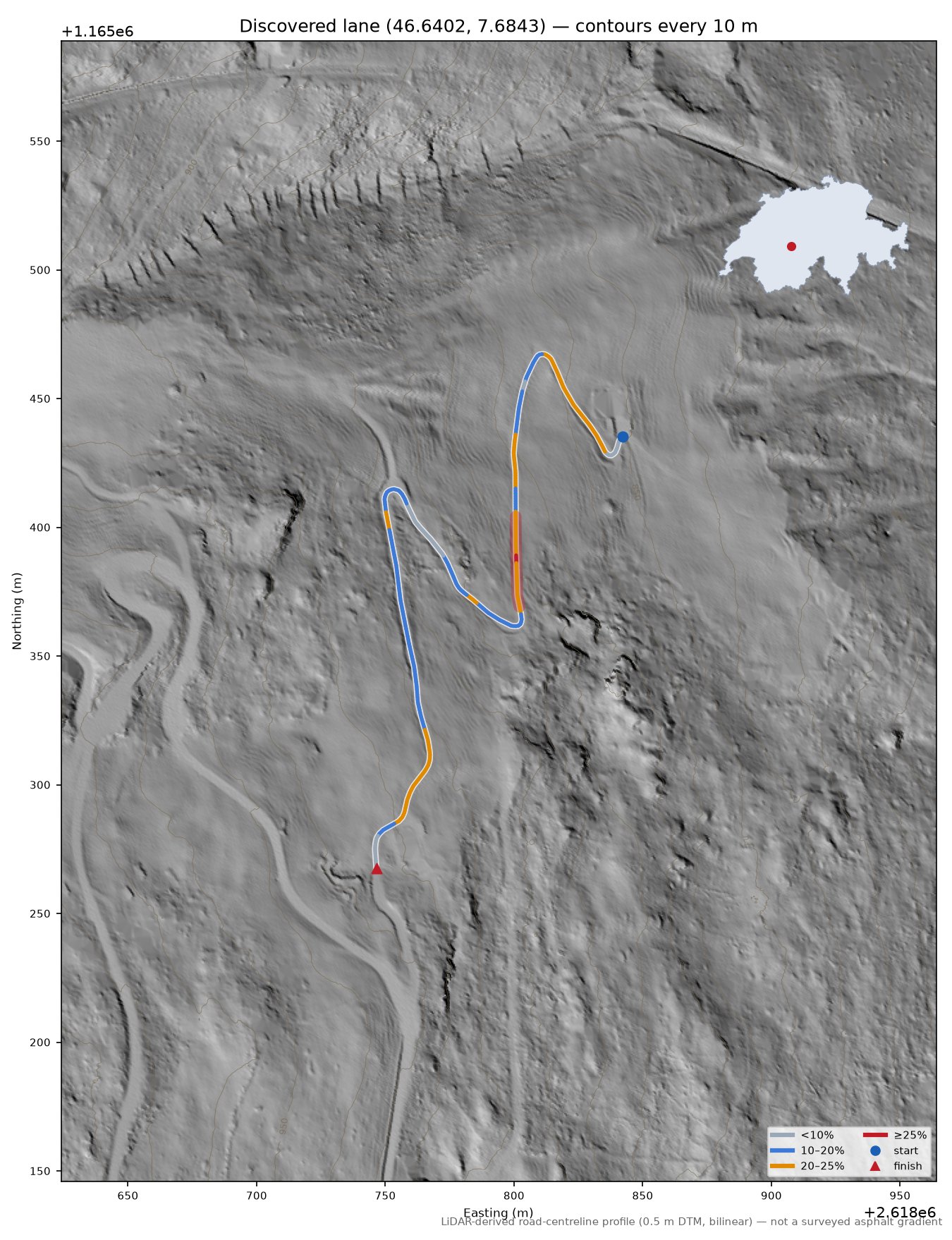 Discovered lane (46.6402, 7.6843) LiDAR hillshade map with contours