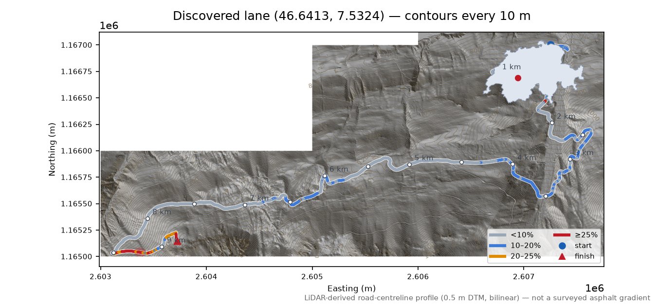 Discovered lane (46.6413, 7.5324) LiDAR hillshade map with contours