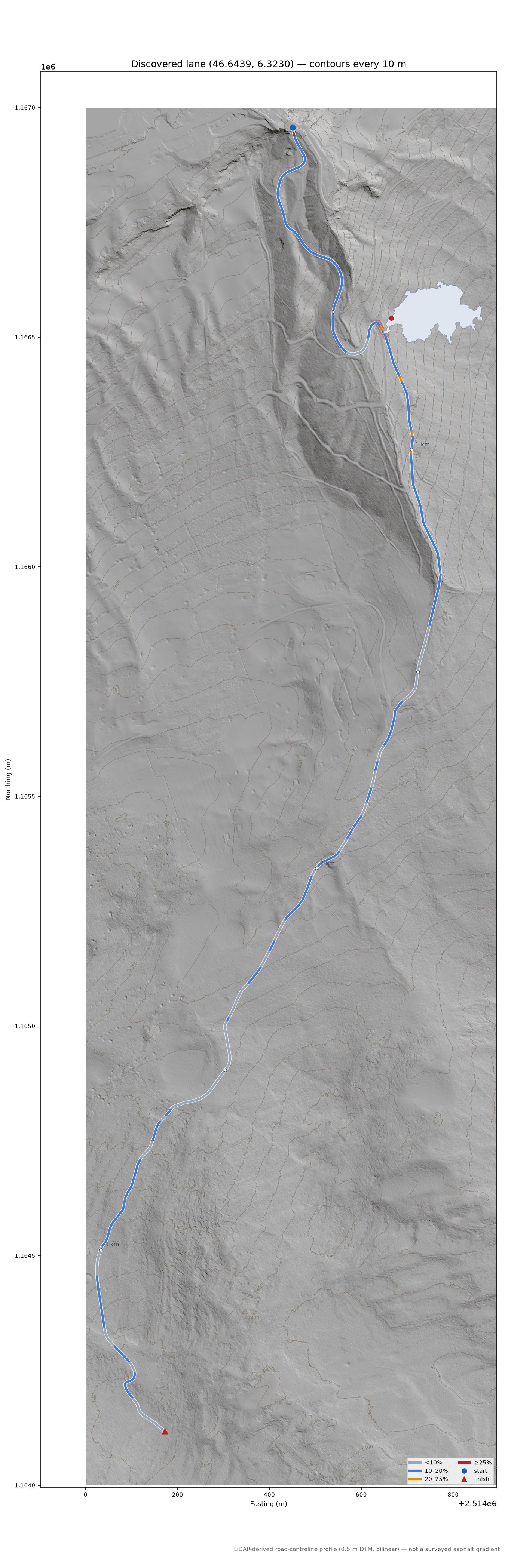 Discovered lane (46.6439, 6.3230) LiDAR hillshade map with contours