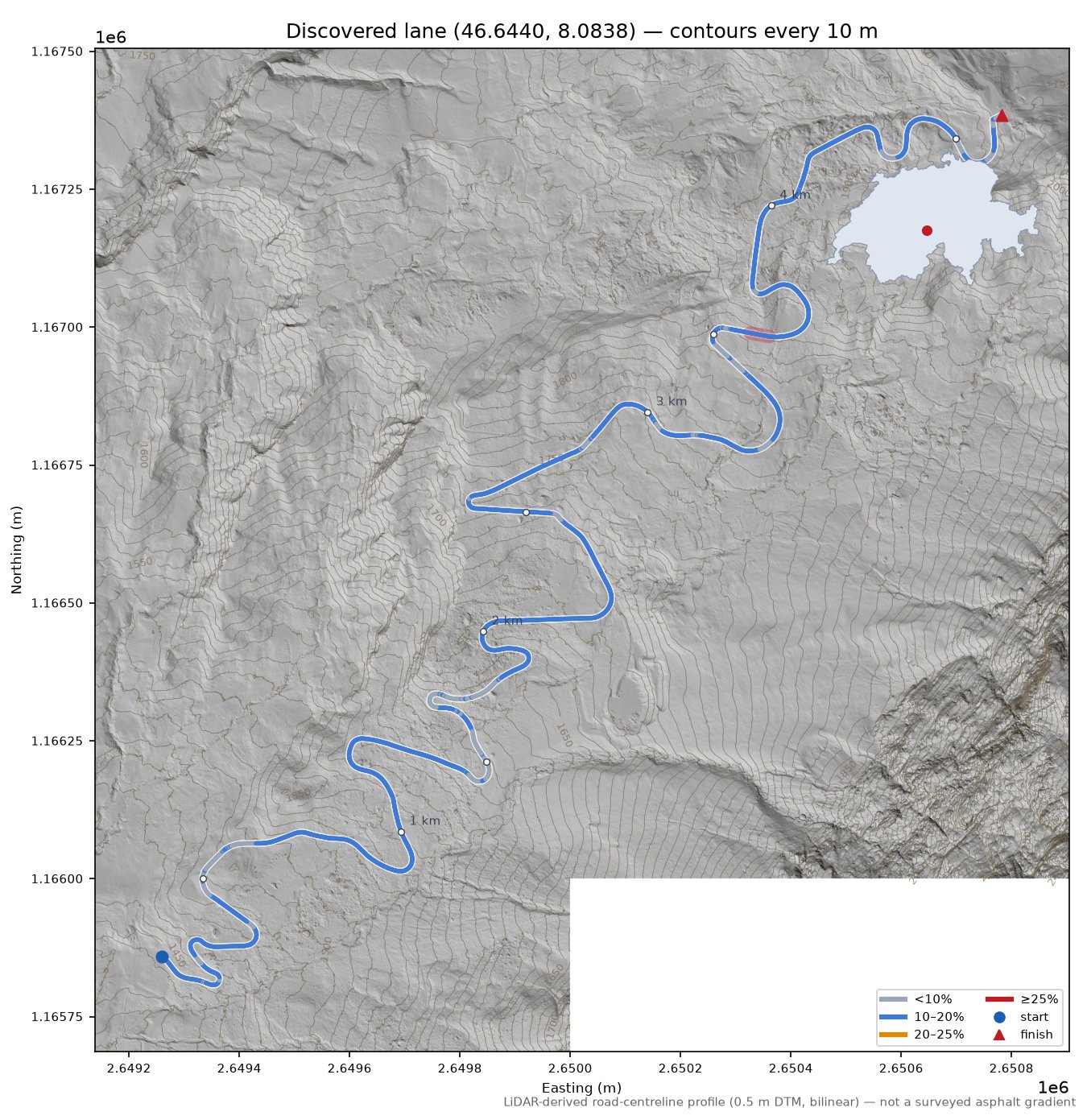 Discovered lane (46.6440, 8.0838) LiDAR hillshade map with contours