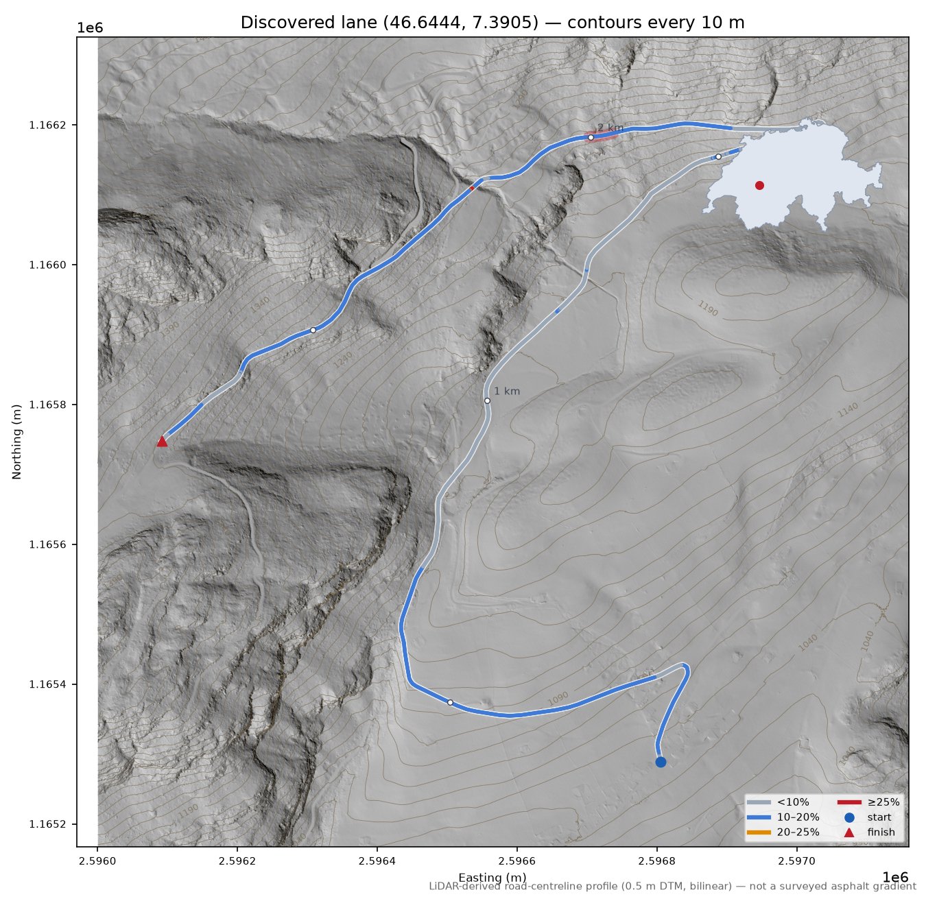 Discovered lane (46.6444, 7.3905) LiDAR hillshade map with contours
