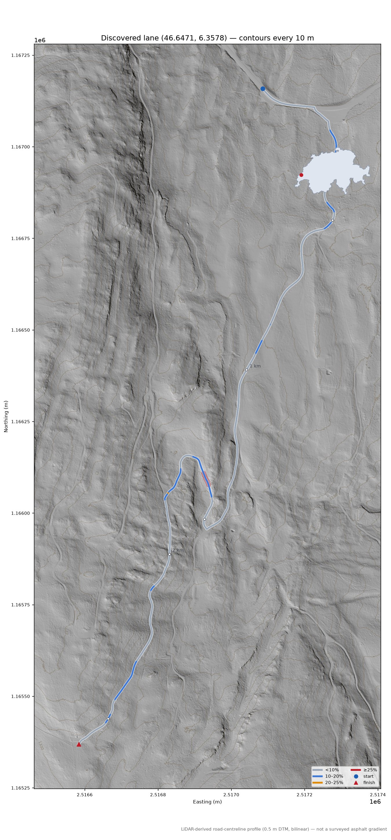 Discovered lane (46.6471, 6.3578) LiDAR hillshade map with contours