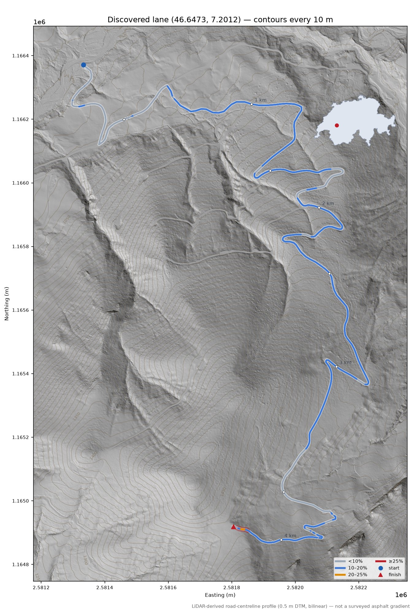 Discovered lane (46.6473, 7.2012) LiDAR hillshade map with contours
