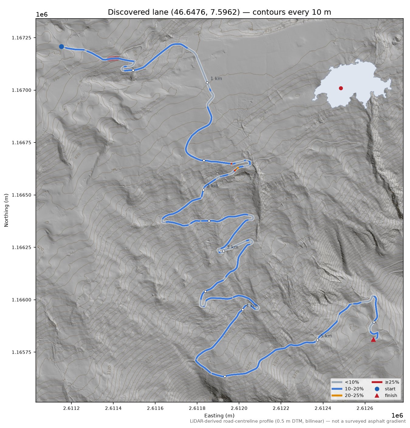 Discovered lane (46.6476, 7.5962) LiDAR hillshade map with contours