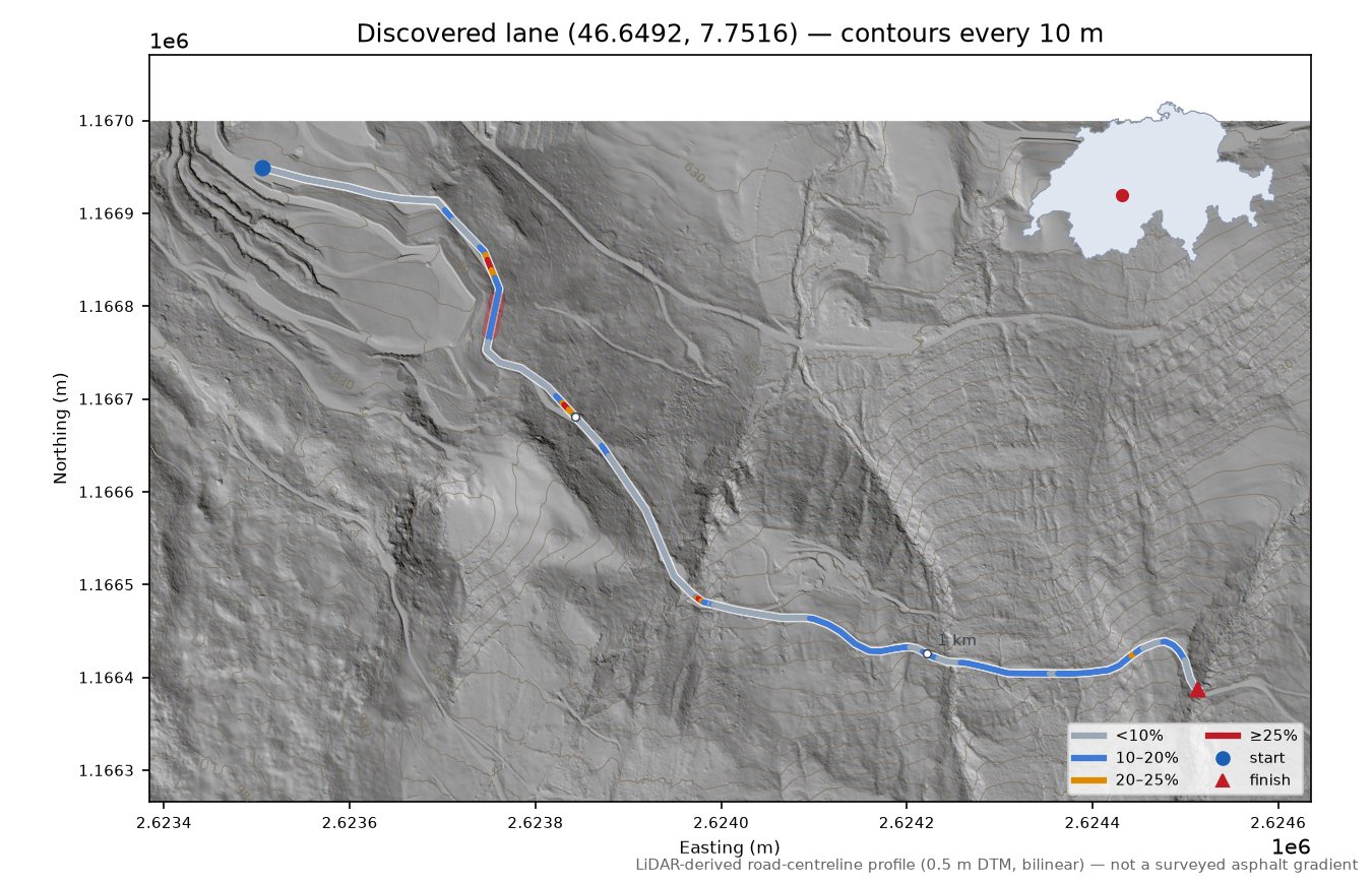 Discovered lane (46.6492, 7.7516) LiDAR hillshade map with contours