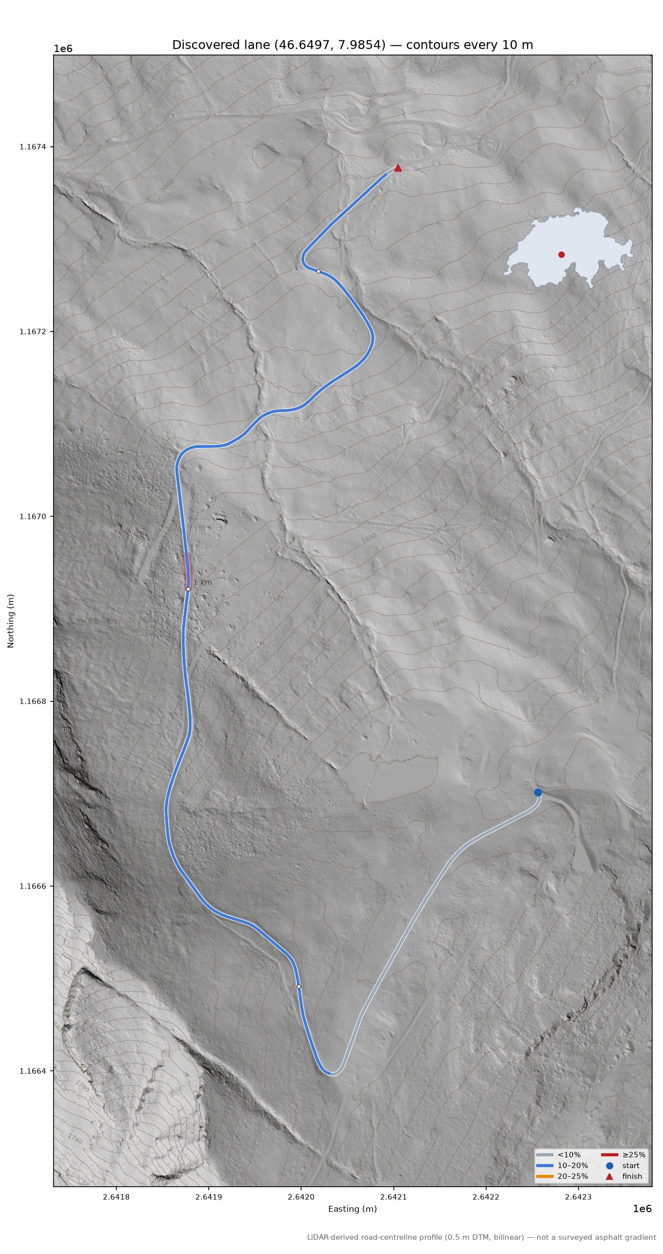 Discovered lane (46.6497, 7.9854) LiDAR hillshade map with contours
