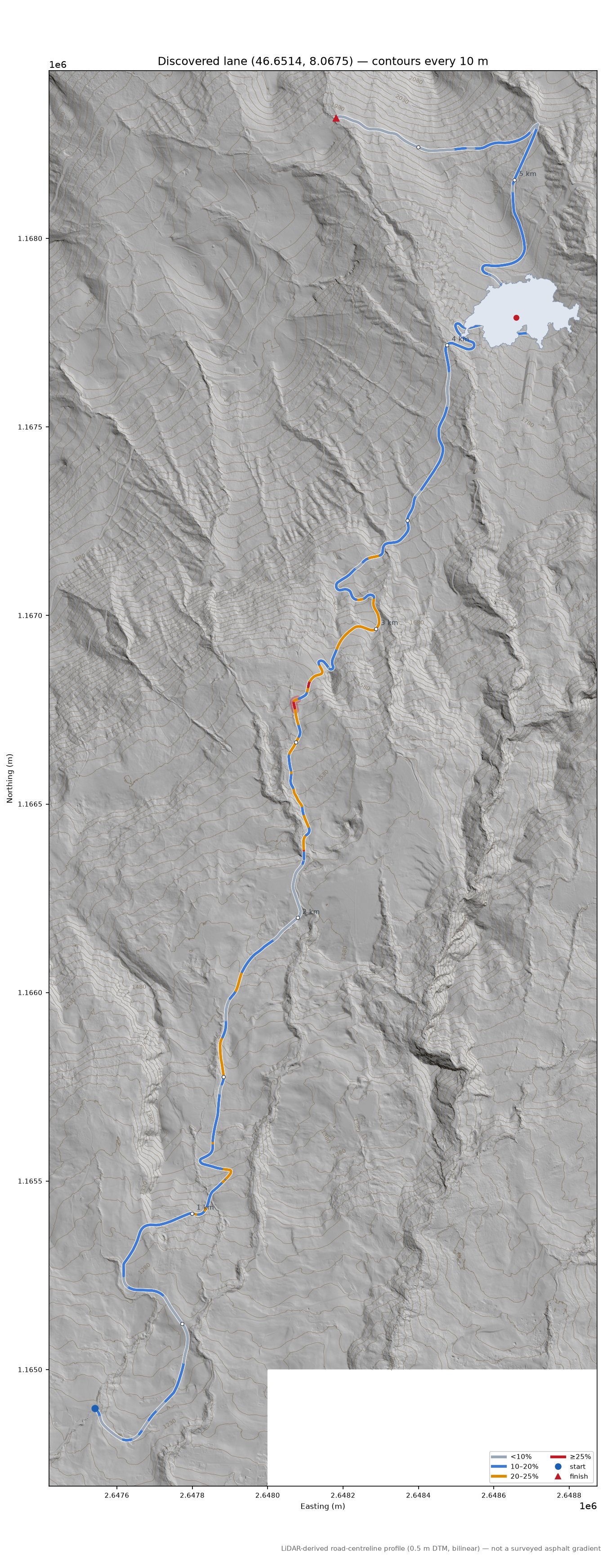 Discovered lane (46.6514, 8.0675) LiDAR hillshade map with contours