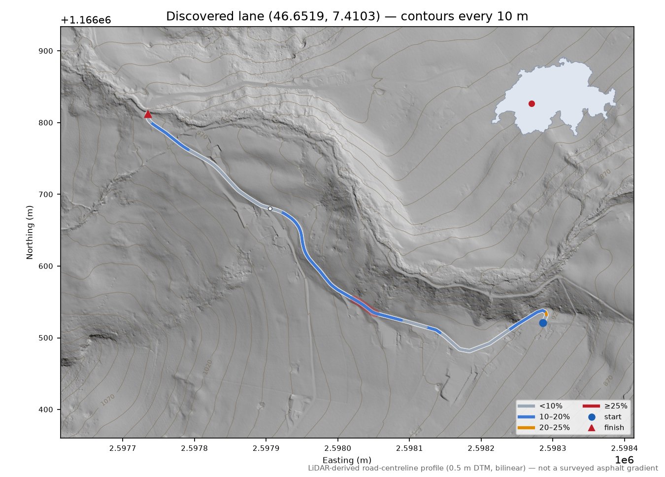 Discovered lane (46.6519, 7.4103) LiDAR hillshade map with contours