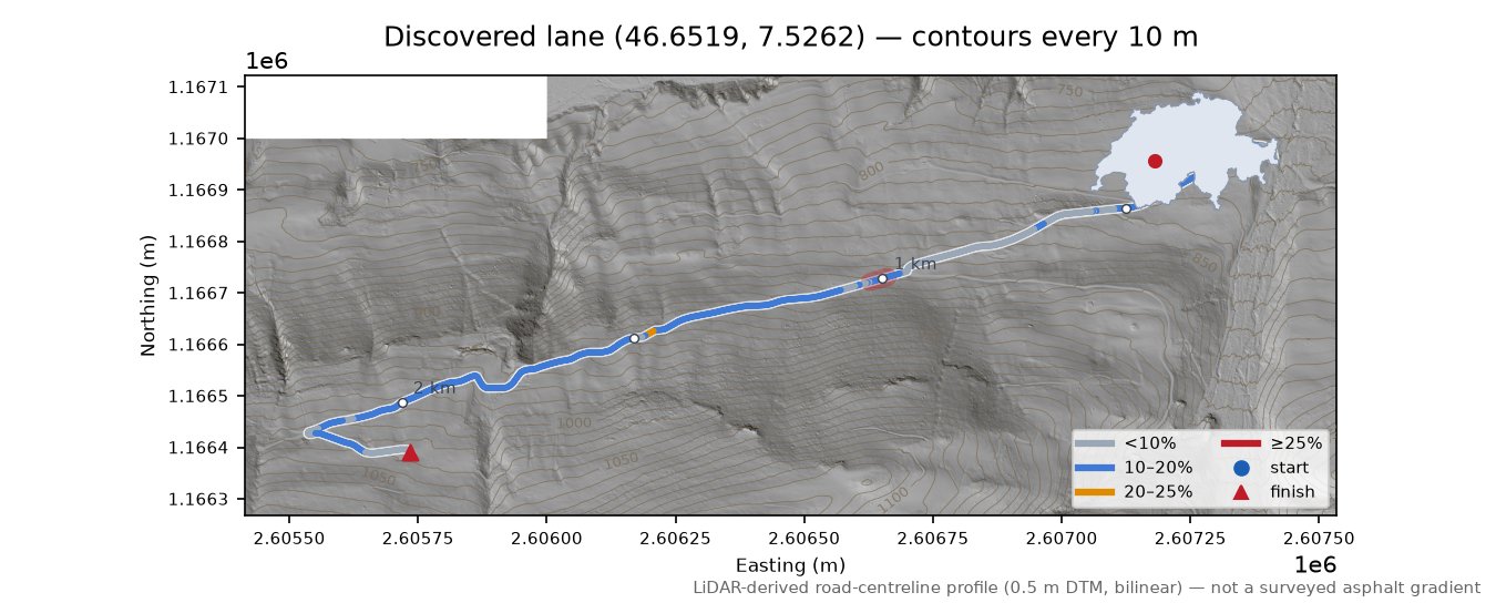 Discovered lane (46.6519, 7.5262) LiDAR hillshade map with contours