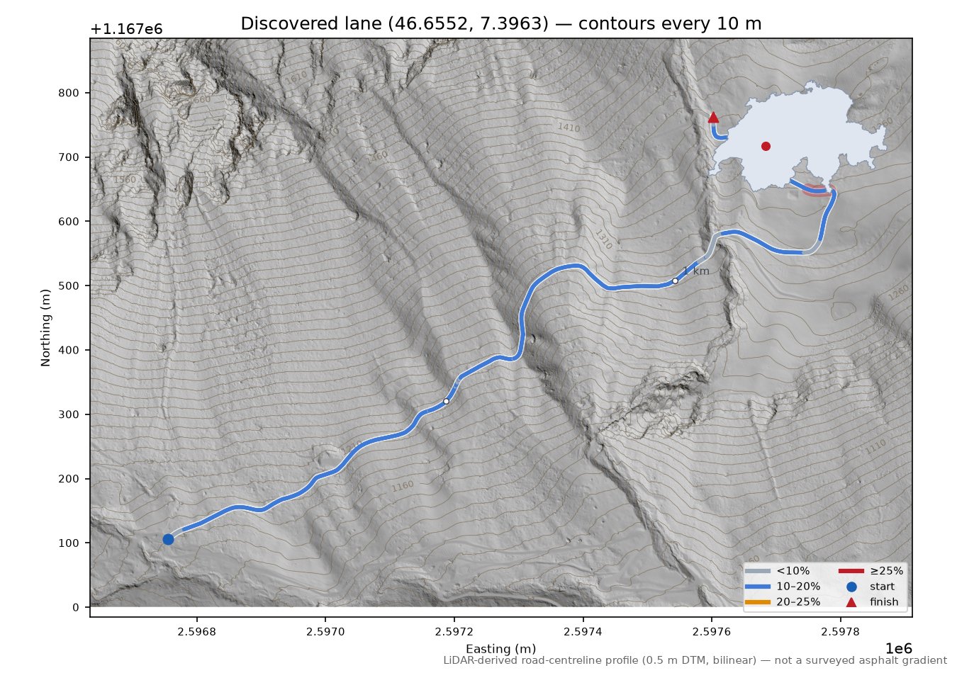 Discovered lane (46.6552, 7.3963) LiDAR hillshade map with contours