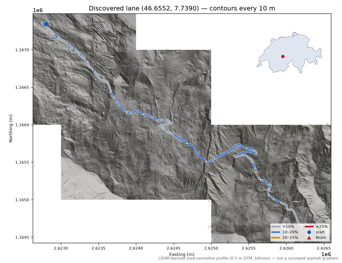 Discovered lane (46.6552, 7.7390) LiDAR hillshade map with contours
