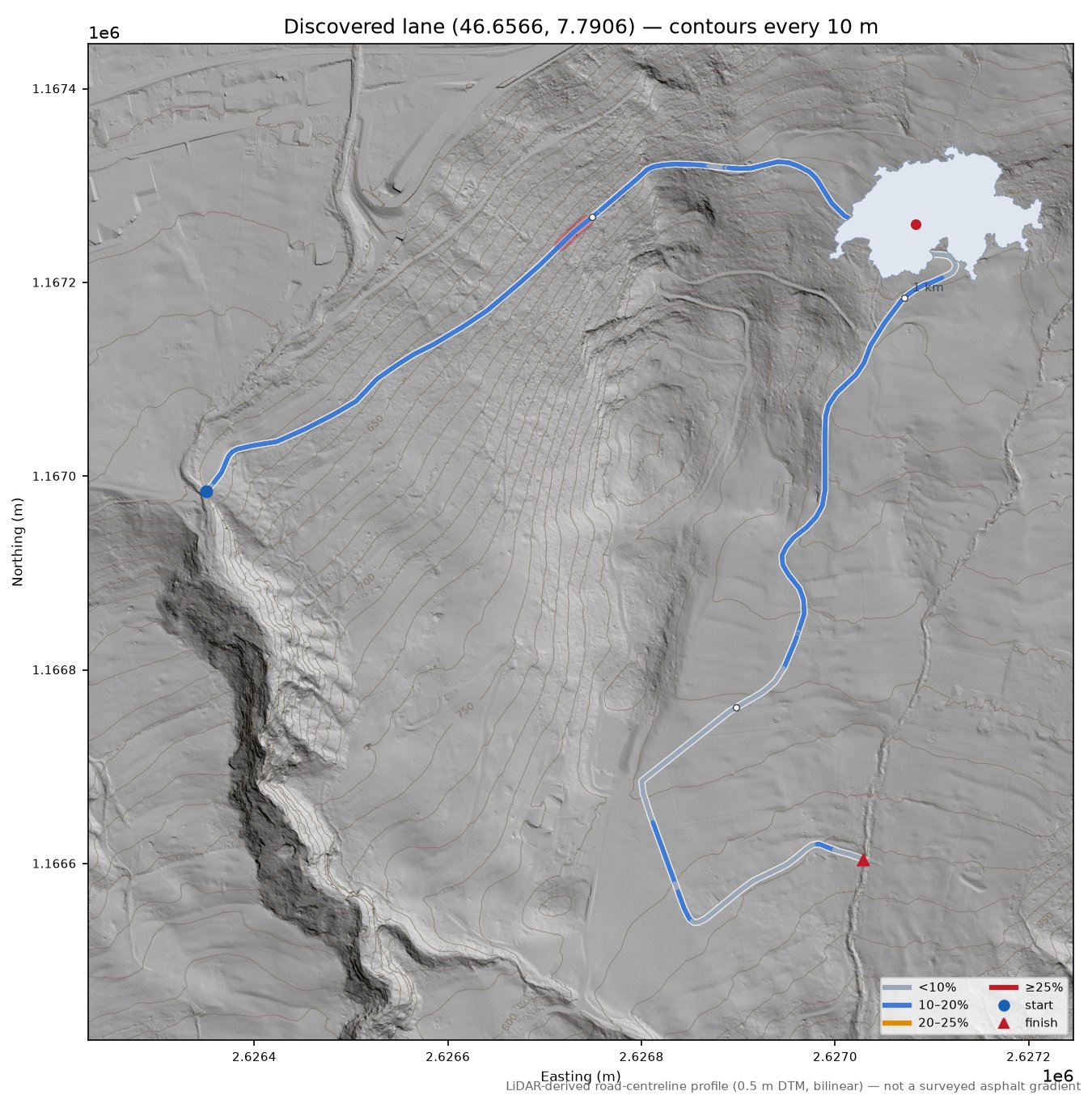 Discovered lane (46.6566, 7.7906) LiDAR hillshade map with contours