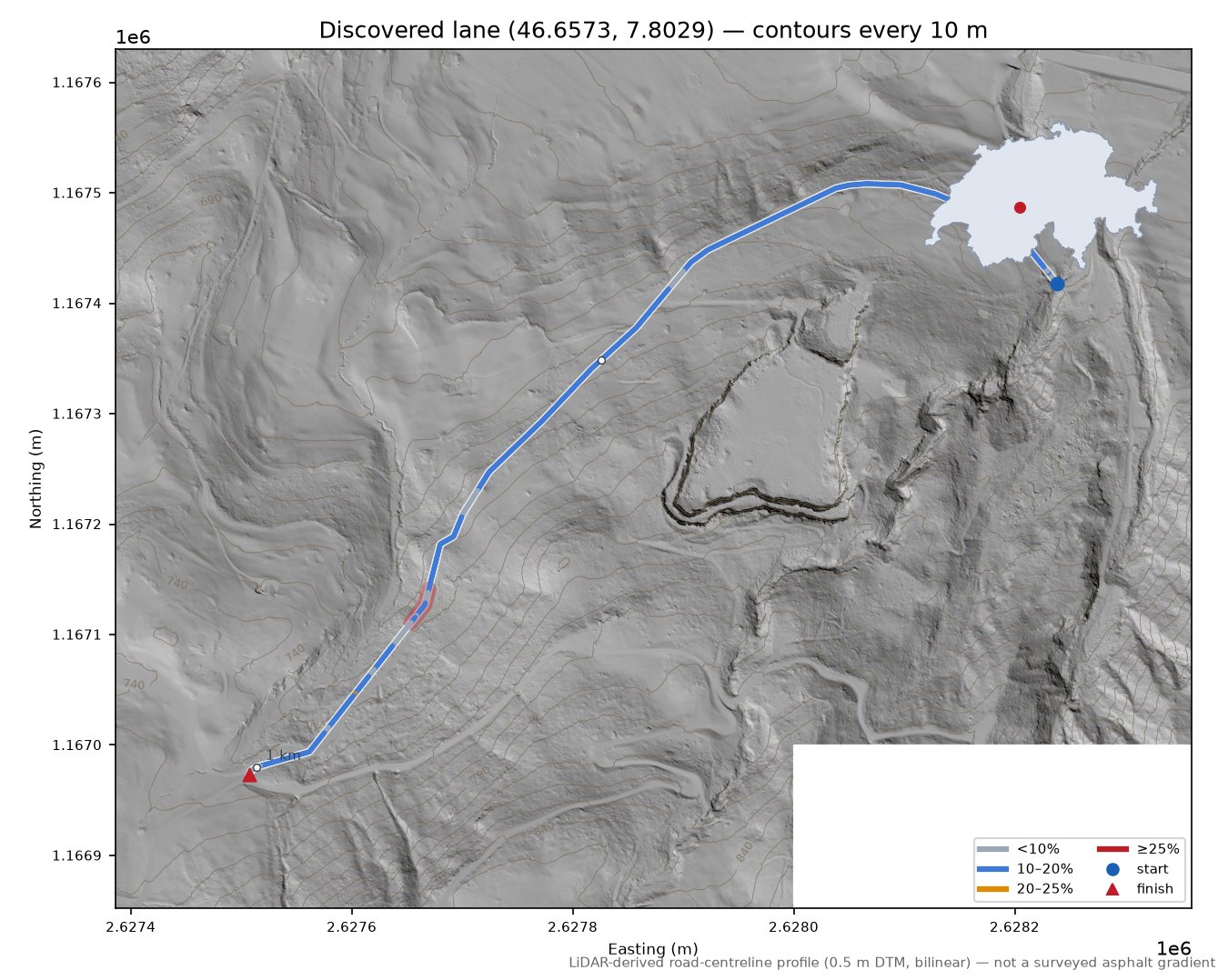 Discovered lane (46.6573, 7.8029) LiDAR hillshade map with contours